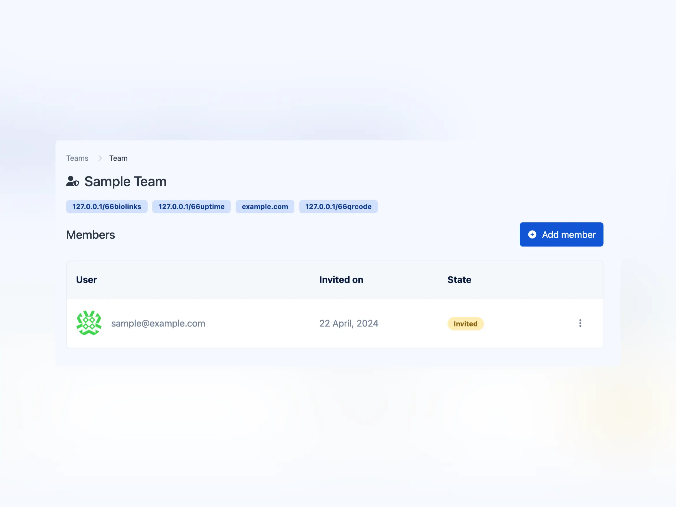 Screenshot der Teamseite der App
